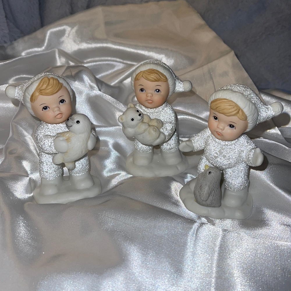 Home Interiors Vintage Collectible 5501 Set o/3 Snow-babies w/animal friends